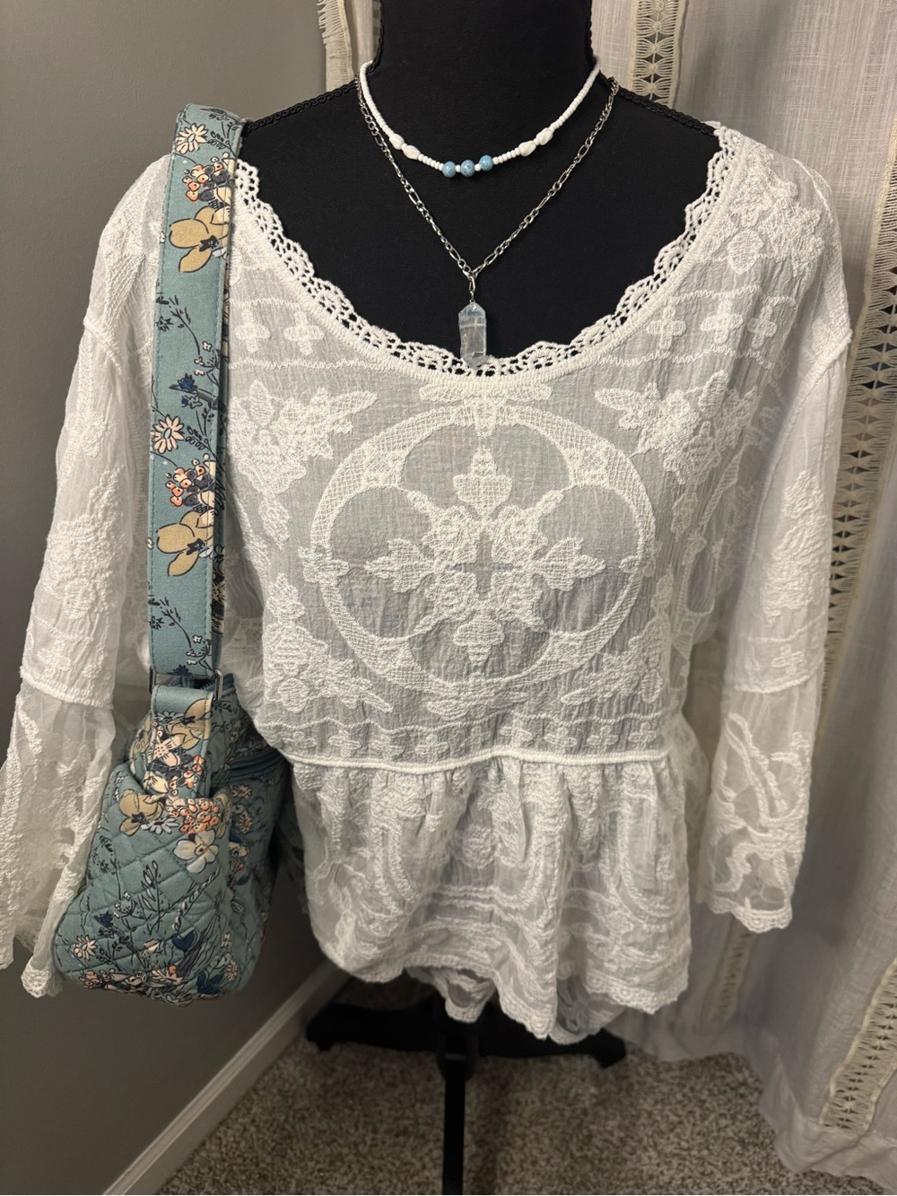 Democracy Cotton White Lace Peplum Tunic with Bell Sleeves
